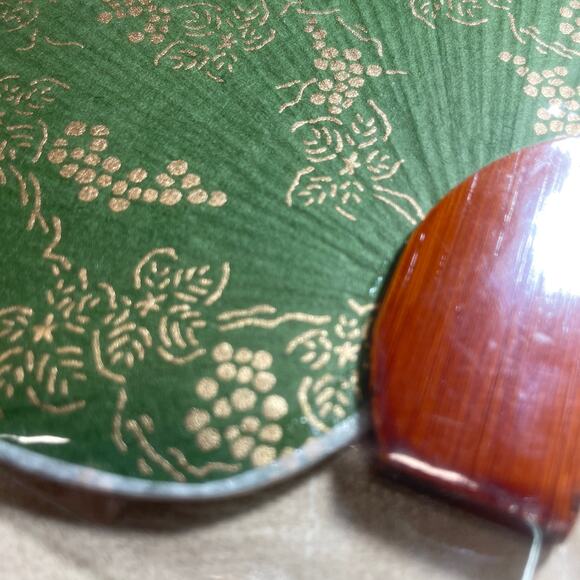 Mini Japanese Mikis Paper Chidori Uchiwa Fan Green Gold Wood Handle Kyosen Washi - Picture 2 of 8